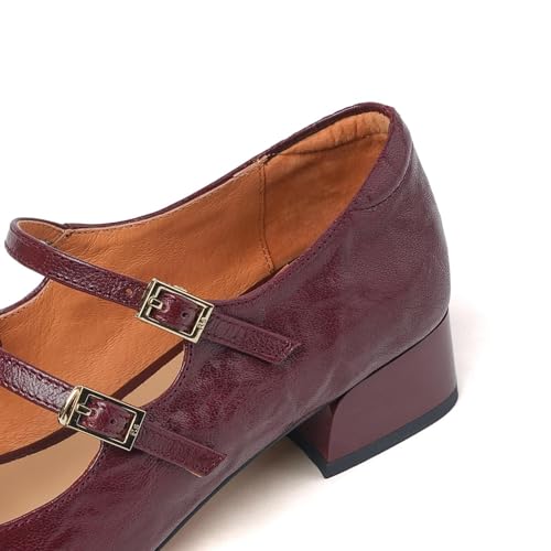 Women's Genuine Leather Retro T-Strap Buckle Pumps Slip on Dressy Mary Jane Shoes for Ladies3