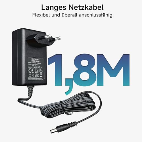 Netzteiladapter 9 V 1 A 9 W 1,8 m, AC-DC-Schaltadapter (Eingang 100 – 240 V, Ausgang 9 Volt 1 A), DC 9 V 5,5 x 2,1 mm Transformatorstecker zur Wandmontage, CE-gelistet
