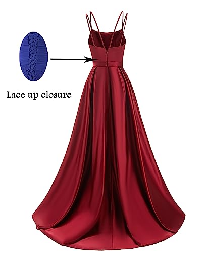 HSFIYAKJ Satin Prom Dresses Long Ball Gown A Line Spaghetti Straps Pleated Formal Evening Dress for Women with Pockets3