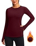 Women's Thermal Fleece Tops Long Sleeve Workout Shirts Running Athletic Base Layer with Thumb Holes Zipper Pocket(Wine,L)