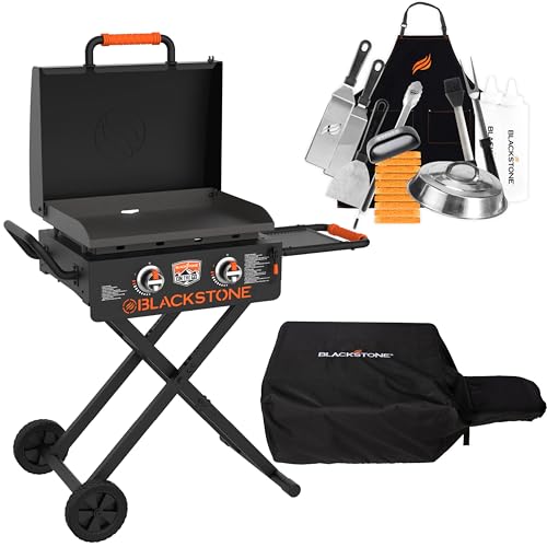 Blackstone 22 Inch Griddle 2350 Portable Blackstone Omnivore Grill with Flexfold Legs, with 22 Inch Blackstone Griddle Cover 5608 for On The Go Flexfold Griddle, and Blackstone Accessories