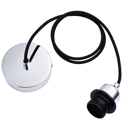 Image of COZZY Ceiling Pendant Light Fitting, Chrome Plated E27 Screw Lamp Holder with Ring for Lock Shade, 1000MM Braided Flex, Suspended Pendant Ceiling Rose,82601CHR