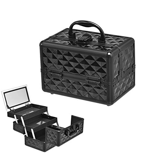 GIANTEX Kosmetikkoffer mit Spiegel, Beauty Make-up Case Schminkkoffer aus ABS und Aluminium, 2 ausziehbare Ablagen, ausklappbarer & tragbarer Etagenkoffer Friseurkoffer Multikoffer (schwarz)