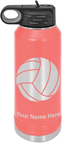 LaserGram Botella de agua de doble pared abatible de 40 onzas con pajilla, pelota de voleibol, grabado personalizado incluido (coral)