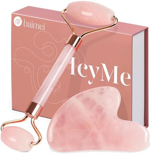 BAIMEI IcyMe Rose Quartz Roller & Gua Sha Facial Tool Set for Depuffing