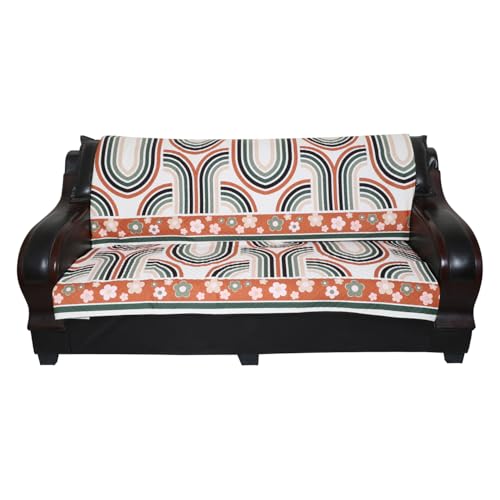 Image of 7 Seater Sofa Cover | Universal Non-Slip Fully Covered Protector for 3+2+2 Sofa Set | Durable Slipcover for Living Room Retro Waves (Cream and Orange Curves)