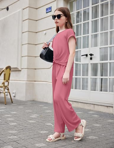 Image of Arshiner Girls Summer 2 Piece Outfits Ribbed Short Sleeve Twist Front Tops and Wide Leg Pants Kids Loungwear Set Tracksuit