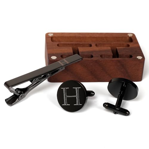 Image of Mens Initial Cufflinks and Tie Clip A-Z Alphabet Letter Black Stainless Cuff Links Tie Bar with Engraved Walnut Wood Box Groom Groomsman Wedding Set