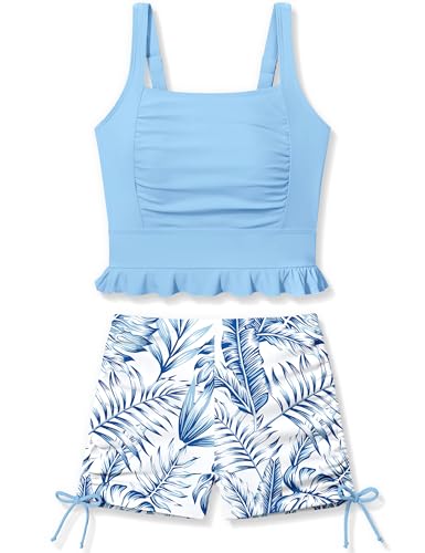 Image of Girls Swimsuit Two Piece Bathing Suit Ruffle Trim Swimsuits for Girls Tankini with Drawstring Shorts Swimwear 9-18Y