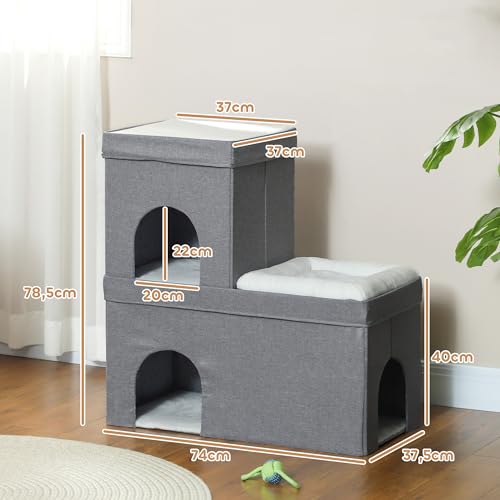 PawHut Katzenhöhle Katzenhütte, Katzenhaus mit 3 Ebenen, Katzenbett mit Kissen, Hundehaus für Katzen bis 5 kg, 74 x 37,5 x 78,5 cm, Grau