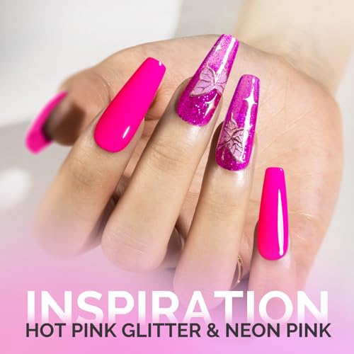 Image of MelodySusie Thick Gel Nail Polish Set- 2 Pcs 15ML Hot Pink & Hot Pink Glitter Gel Polish Set Soak Off UV LED Christmas Gift for Women Nail Art Manicure Salon DIY Nail Design Decoration at Home