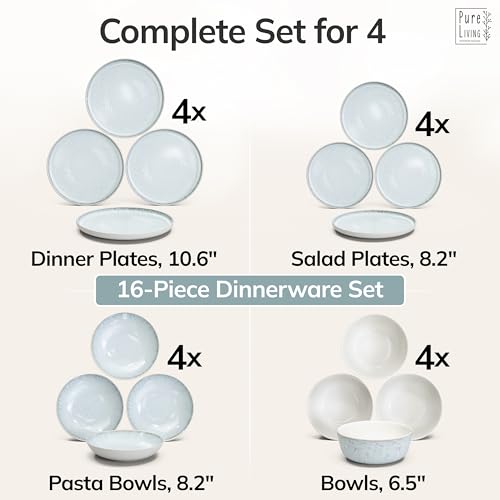 Image of Stoneware dinnerware set 4 persons 16 pcs - Modern style plates and bowls set ceramic - Dishwasher, microwave and scratch resistant - Bowl and plate set - Dinner service Pure Living beige & light blue