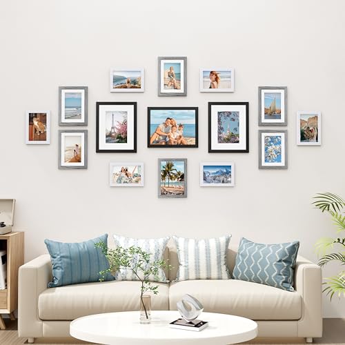 Image of Vittanly 15 Pack Picture Frames Collage Wall Decor, Multi Sizes Including 3pcs 8x10, 6pcs 5x7 and 6pcs 4x6 Photo Frames, Gallery Frame Set for Wall or Tabletop Display, Black, Grey and White