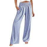 Generisch Pantalones anchos de verano para mujer con estampado de cuadros Vichy - Pantalones palazzo ligeros con cintura fruncida | Pantalones de tela transpirables con pernera ancha para tiempo libre