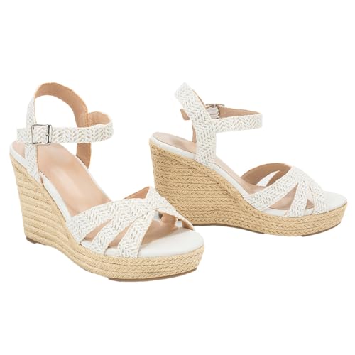 Image of Women's Wedge Platform Sandals - Stylish Raffia Woven Espadrilles Summer Sandals Women's Open Toe Buckle Ankle Wedge Heels