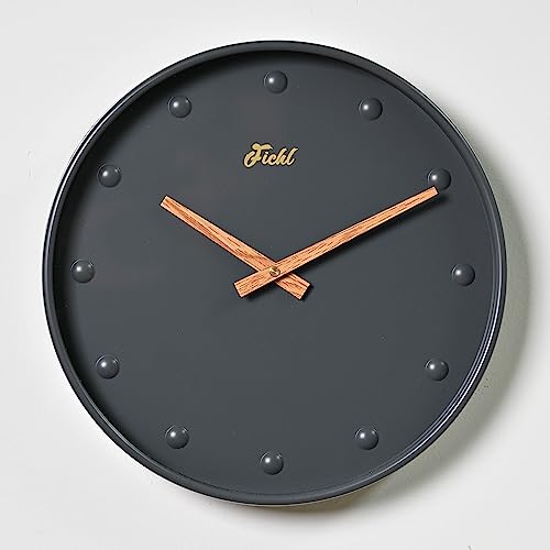 Fichl Bubble 12-Inch Silent Battery Operated Navy Blue Grey Wall Clock With Wood Grain Hands, Modern Analog Design, Non-Ticking, Ideal For Bedroom, Living Room, Kitchen, Kids Room & Home Decor #TOP1