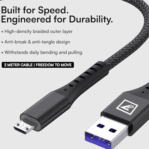 Image of ONE 7 USB to Micro USB Nylon Braided 120W Fast Charging & Data Cable, Micro Cable 2m (6ft), Durable Reinforced Connectors, For Smartphones, Power Banks & Micro USB Devices (ON CB-49 MICRO- Black)