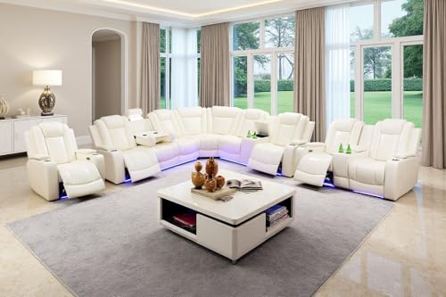 Image of Leather Power Recliner Sectional Sofa Set with LED Light,L Shaped Leather Sectional Set with 5 Recliner Seats,Modular Sofa and Loveseat with USB Port for Living Room Furniture