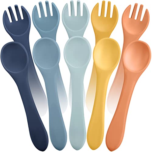Image of 10 Pieces Baby Led Weaning Spoons and Forks Set Infant Silicone Spoon First Self Feed Baby training Utensils for Toddler First Stage Feeding Supplies for Kids Over 6 Months, 5 Pairs (Bright Colors)