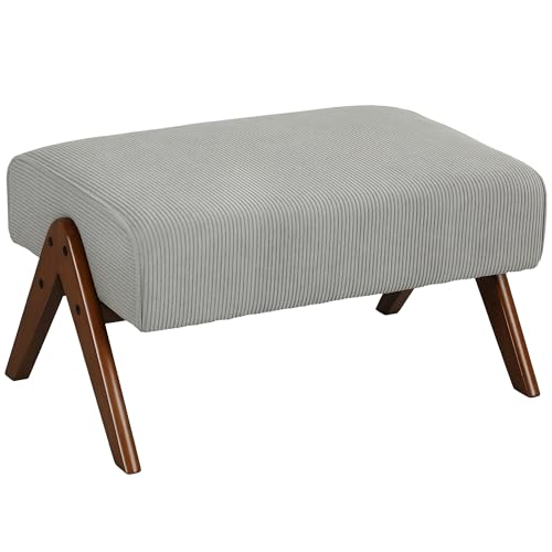 HOMCOM Reposapiés de Salón Taburete Bajo Tapizado en Pana Otomana Rectangular con Asiento Acolchado y Patas de Madera para Sala de Estar Dormitorio Gris Claro