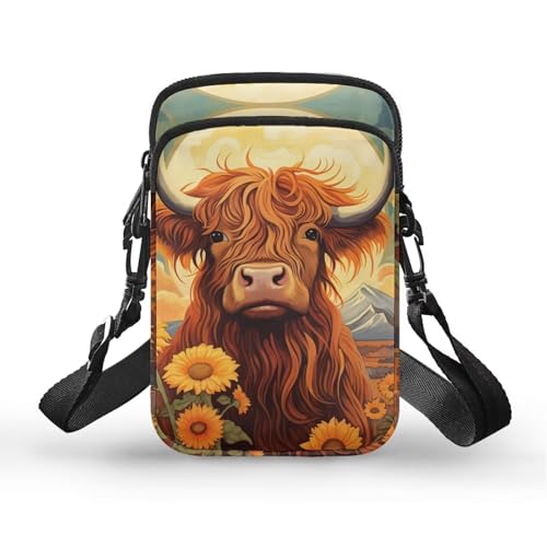 Image of Xpyiqun Highland Cow Phone Bag Crossbody Purses for Women Mini Cross Body Bag Sunflower Canvas Over Shoulder Handbag Messenger Pouch Work Satchel Travel Wallet Organizer Zipper Pocket