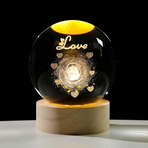Image of Arikyrist 3D Rose Crystal Ball Gift for Girlfriend, Laser Engraved Rose Flower Glass Sphere Home Decor, Crystal Ball Night Light with Wooden Light Base