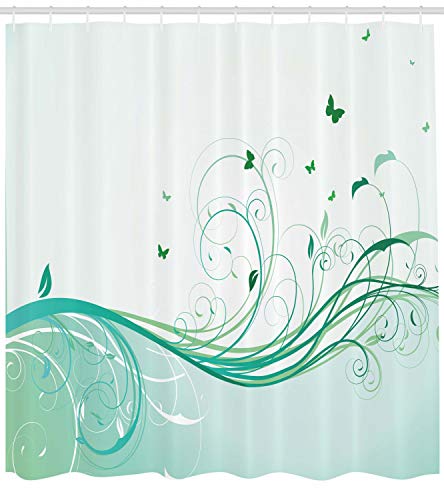 ABAKUHAUS Turquoise Shower Curtain, Illustration Floral Victorian Style Curvy Lines Wave Butterfly Design - Image 2