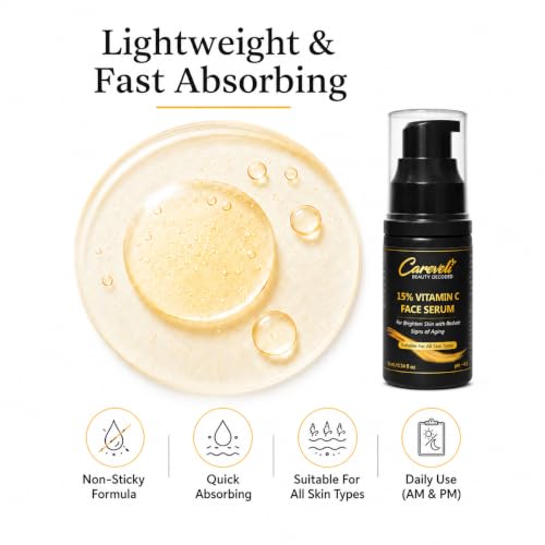 Image of 15% Vitamin C Face Serum with 5% Niacinamide, 1% Hyaluronic Acid, 0.5% Ferulic Acid & 0.1% Vitamin E | Face Serum for Glowing Skin, Dark Spots Appearance, Uneven Skin Tone & Hydration | Lightweight & Non-Sticky (10 ml)