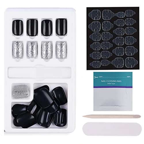 COSLIFESTORE- Press on nails- pack of 30 reusablegel nail extensions with full application kit consisting of nail glue, buffer, manicure tool, 24 jelly tabs- DIY nail art kit (BLACK ARMOUR)