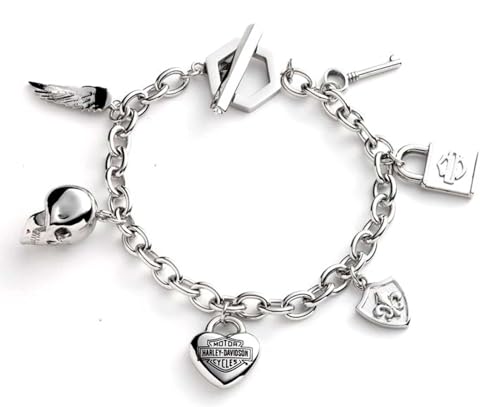 Harley-Davidson Women's 7.5 in. Logo & Motif Charm Toggle Bracelet - Silver