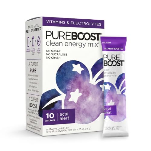 Image of Pureboost Sugar-Free Clean Energy Booster, Acai Alert 10 Count, Refreshing Energy Drink Mix with B12 Vitamins, Electrolytes, Antioxidants, No Sucralose
