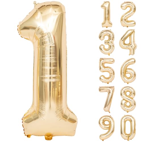 Image of 40 Inch Light Gold 1 Number Balloons Large Champagne Gold Number | White Gold Giant 1 Foil Mylar Helium Digital Balloon for 10th or 10st Anniversary Party Decorations Supplies