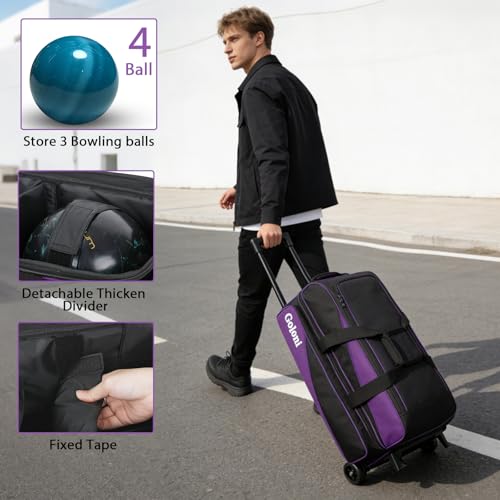 Goloni 3 Ball Bowling Bags with Wheels,Rolling Bowling Bag with Separate Shoe Compartment(Up To US Men Size 16),Bowling Bag for 3 Balls & Accessories,Retractable Handle Extends to 41\'\' - Thumbnail 4