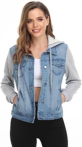 MISS MOLY Women's Hooded Jean Jacket Washed Long Sleeve Sweatshirt Hoodie Denim Jacket w 2 Pockets