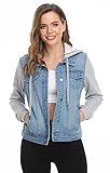 MISS MOLY Women's Hooded Jean Jacket Washed Long Sleeve Sweatshirt Hoodie Denim Jacket w 2 Pockets