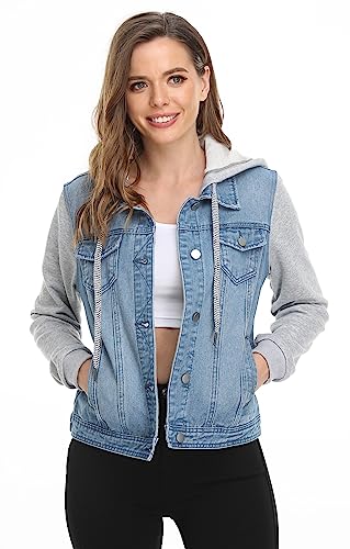 Miss Moly Women's Hooded Jean Jacket Washed Long Sleeve Sweatshirt Hoodie Denim Jacket W 2 Pockets #TOP2