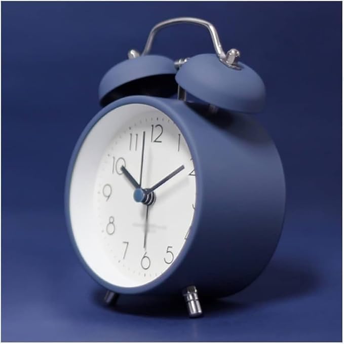 Image of Classic Twin Bell Analog Alarm Clock - Retro Metal Table Clock with Night Light & Loud Ringer - Ideal for Bedroom, Office, or Study (Blue)