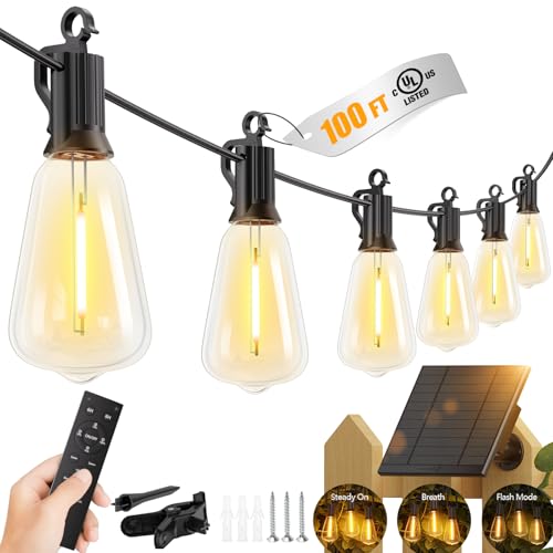 Image of Brightown 100FT Solar String Lights Outdoor Waterproof with Remote, 31+2 LED Shatterproof Bulbs, Dimmable & Timable, 3 Light Modes - Commercial Grade Patio Lights for Garden Backyard Party Decor