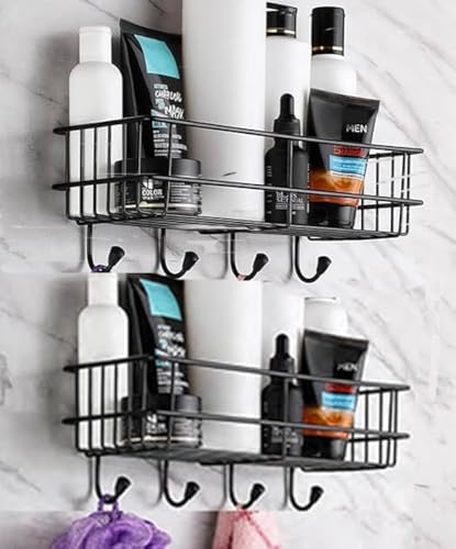 Image of Bathroom Shelves - Kitchen Storage - Self Adhesive Bathroom Shelf and Shampoo Holder with 4 Hook Adhesive Shower Caddy Metal Shelf-Black-2 Pcs
