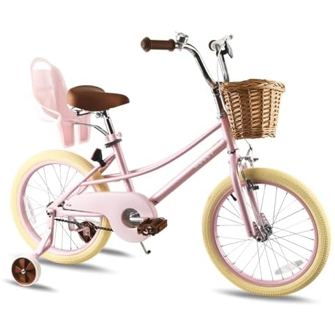 RULLY 18" Donna Bike for Age 5 6 7 8 9 Year Old Toddlers and Girls,18" Kids Bike with Training Wheels & Basket, Retro Style in Pink Cover