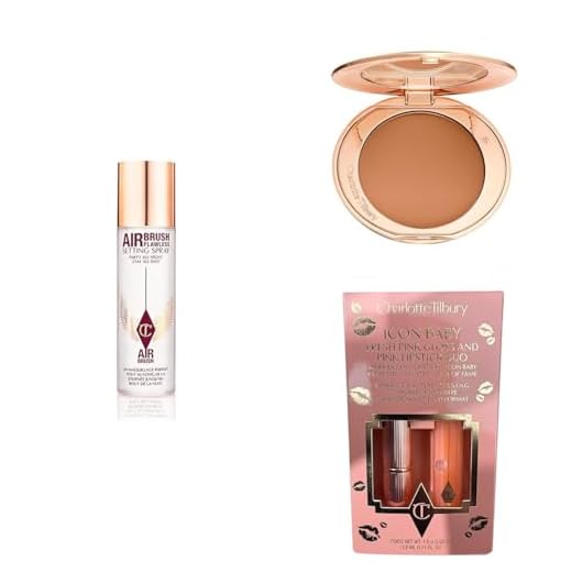 Charlotte Tilbury Makeup Set: Airbrush Flawless Setting Spray 100ml, Airbrush Flawless Finish Setting Powder in 4 Deep & Icon Baby Pink Lipstick & Lip Gloss Duo