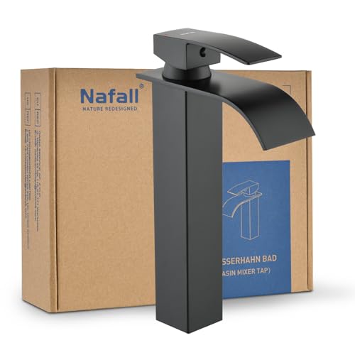 Nafall Grifo Lavabo Alto Negro : Grifos para Lavabos de Baño en Waterfall, Acero Inoxidable Mezclador Monomando de Lavabo para Grifo Alto Lavatorio (Versión Larga)