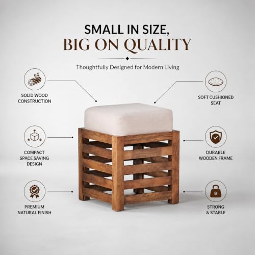 Image of Multipurpose Wooden Puffy with Footrest, Dressing Table, and Solid Wood Stool with Cushion for Living Room, Bedroom, Balcony, etc.