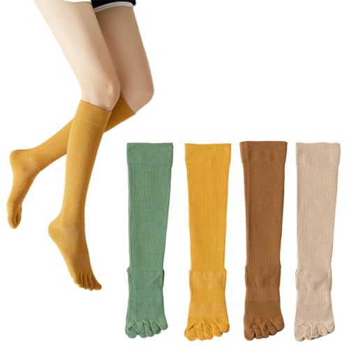 Knee High Toe Socks for Women - 4 Pairs Five Toe Knee High Boot Socks for Yoga, Pilates, Outdoor Sport, Athletic