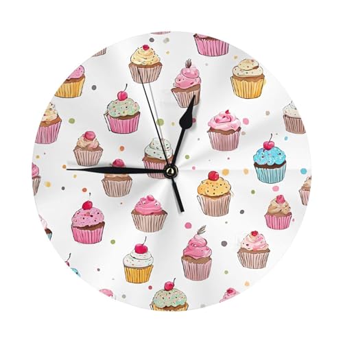 BEIVGOXL Delicious Cupcakes Horloge murale ronde en plastique avec imprimé cupcakes 25,4 cm, silencieuse et sans tic-tac, horloge murale moderne pour salon,...