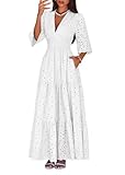 Lazysmile Long Sleeve Dresses for Women V Neck Hollow Out Eyelet Ruffle Swing A-Line Fall Vacation Boho Maxi Dress White