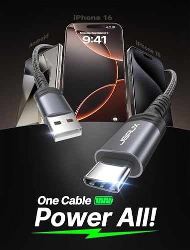 Image of JSAUX USB C Cable [2-Pack 10ft], USB A to USB C for iPhone, Samsung, Grey | Type C Fast Charging Cord for iPhone 17e, iPhone 17 /16 /15 Series, iPad 10, Samsung Galaxy S20 S10 S10+, LG V30, Car Play
