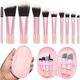10 Pcs Mini Travel Makeup Brush Set with Pouch, Foundation, Eyeshadow, Blush, Highlighter, Angled Brow & Mascara Brushes - Soft Synthetic Fiber Brushes for On-The-Go & Daily Makeup (Pink)