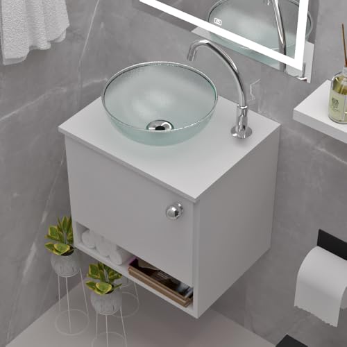 Kit Gabinete Armário 45cm Suspenso Mdf Apolo Para Banheiro Com Cuba De Vidro 29cm Cristal Beltempo