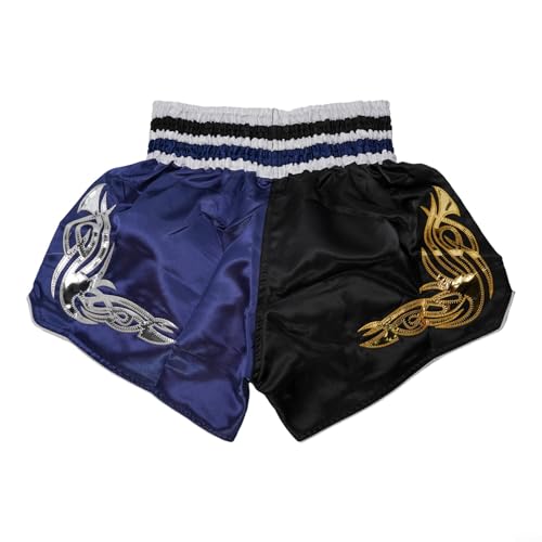 Anotherboxer Unisex Muay Thai Boxeo Shorts para MMA Kickboxing Entrenamiento Tejido de Mezcla de Fibra Transpirable (S Negro + Azul)